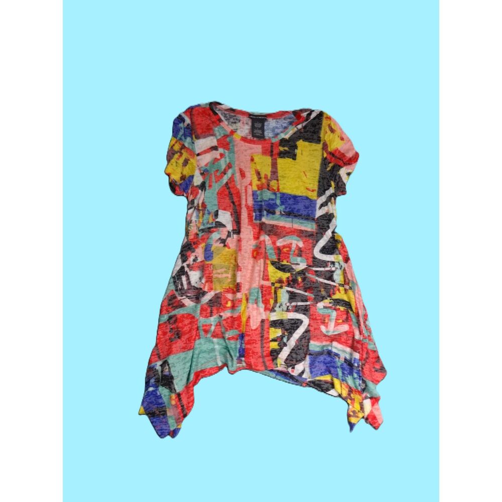 Chelsea & Theodore Multicolor Abstract High Low Handkerchief Hem Top Size Large - Picture 3 of 7